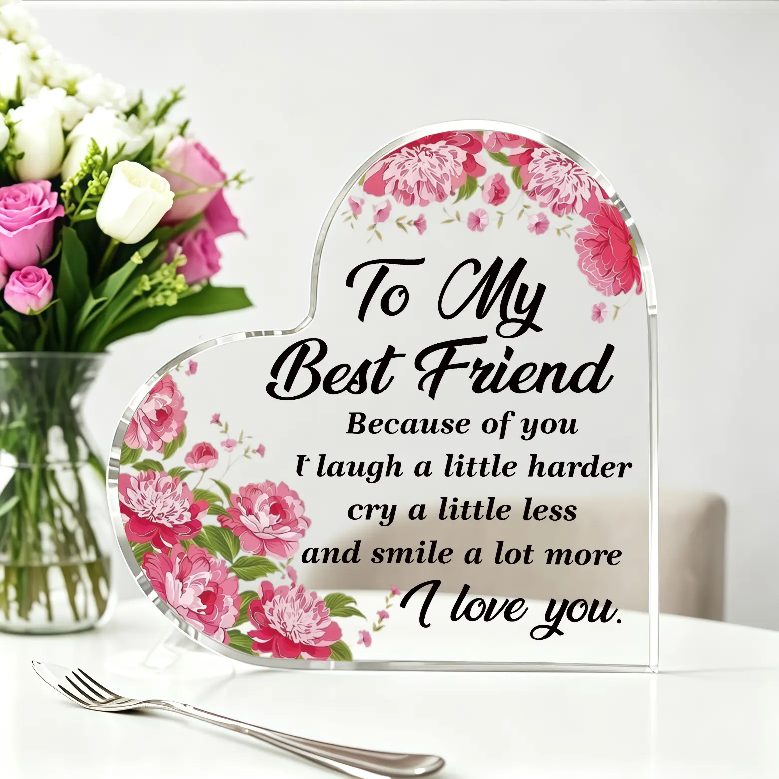 Acrylic Desktop Plaque - Heart-Shaped Desk Signs with Pink Peony Print, Decorative Plaque for Long-Distance Best Friend, Sentimental Home Ornaments Tabletop Decor Birthday-Christmas Gift