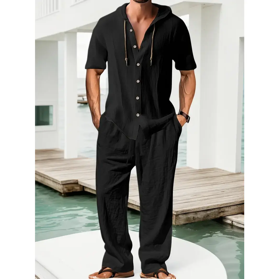 New American Eurocode summer hooded shirt drawstring simple European and American fashion style solid color casual linen short sleeve men's suit