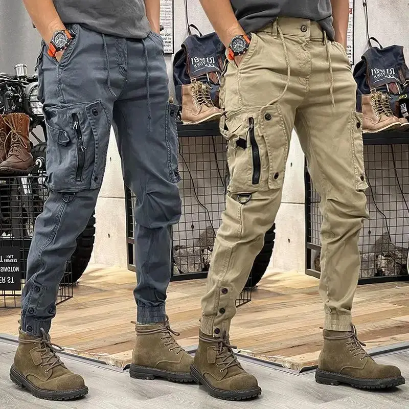 Men's Tactical Cotton Cargo Joggers, Solid Color Casual Pants with an Elastic Waistband and Multi-Pocket Design, Menswear, Tactical Look, Plain, Outdoor, Multi-Pockets, Outfits