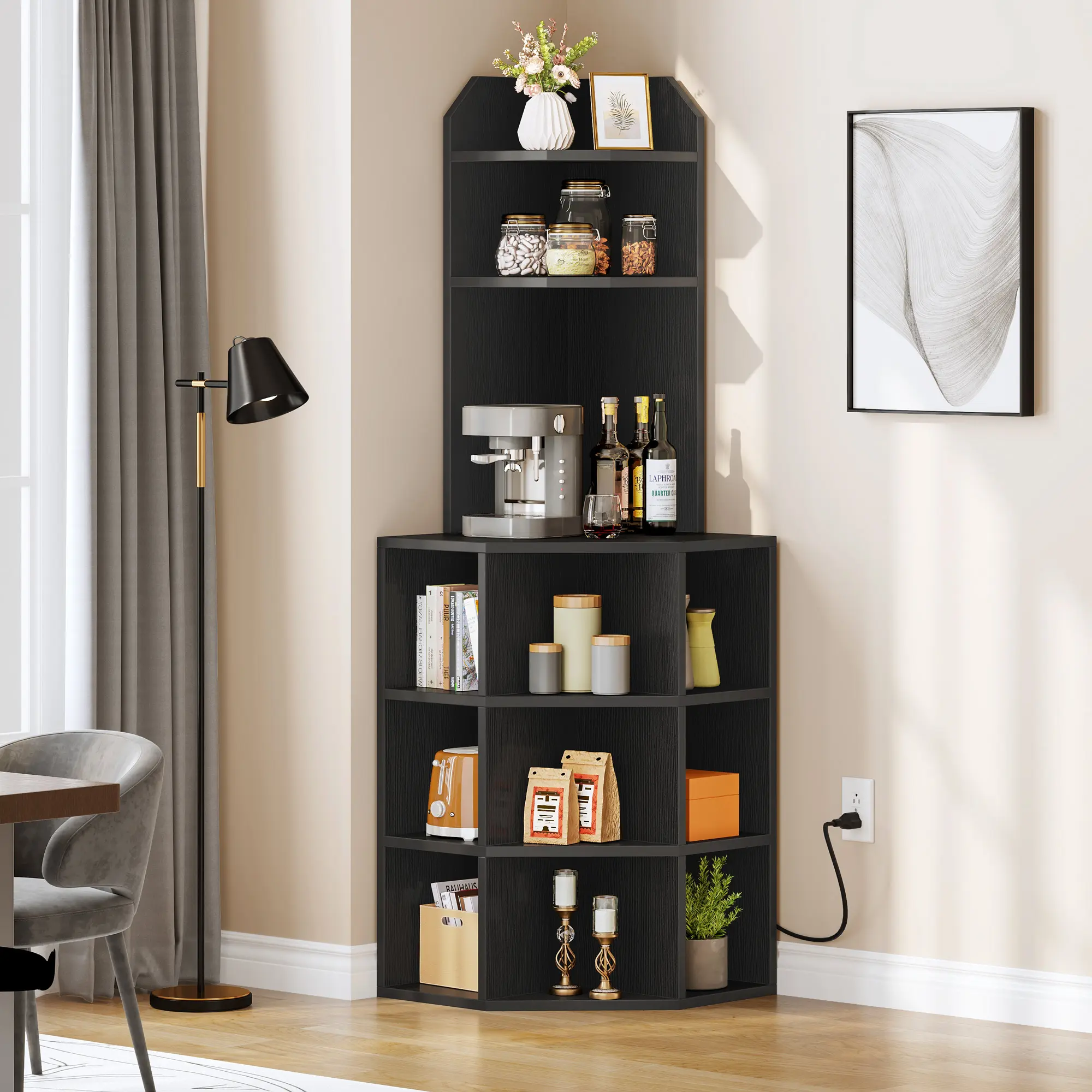 Yitahome Corner Shelf with USB Ports&Outlets, Corner Storage Cabinet Rack Charging Station, Wooden Display Bookshelf Bookcase for Living Room, Bedroom, Kitchen
