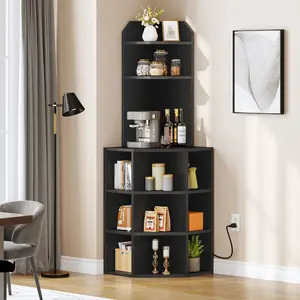 Yitahome Corner Shelf with USB Ports&Outlets, Corner Storage Cabinet Rack Charging Station, Wooden Display Bookshelf Bookcase for Living Room, Bedroom, Kitchen