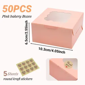50pcs Pink Bakery Boxes with Clear Window - 4x4x2.5 Inch High-Quality Cardboard Display Boxes for Cookies, Pastries, Donuts, Muffins & Chocolates - Includes 50 Decorative Stickers, Pastry Box, Pastry Presentation, Donut Storage
