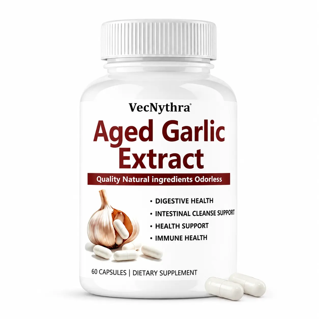 VecNythra Aged Garlic Extract Capsules - 7-in-1 Edible Dietary Healthcare Supplement, Gut Health Support, Immunity Boost, Daily Intestinal Aid, 60 Capsules, Gut Health Supplement, Odorless