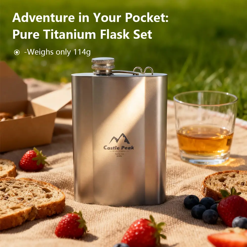 Castle Peak 250ml Titanium Liquor Flask, Ultra-Light Sturdy Wearproof Compact Portable Design, Premium Funnel Included, for Backpacking Camping (Sports & Outdoor Camping & Hiking Water Storage), Lightweight