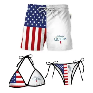 USA Flag Matching Couple Swimwear Set, Stars and Stripes Bikini & Patriotic Mesh Shorts Beach Outfit, Gift for Boyfriend and Girlfriend