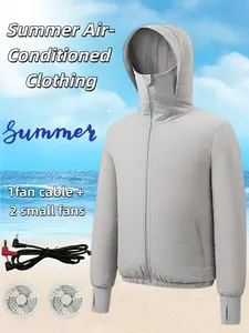Men's Summer Air Conditioning Suit with 2 Fans and Data Cable, Breathable Sunscreen Heat-Resistant Fishing Jacket, Zip-Up Lightweight Jacket