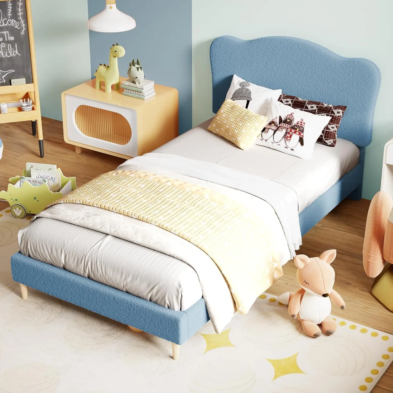 Twin Bed Frame, Upholstered Platform Bed with Boucle Headboard, Cute Velvet Twin Bed, No Box Spring Needed, Easy Assembly, Blue