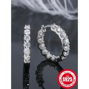 S925 Sterling Silver Synthetic Moissanite Decorated Hoop Earrings, Gifts for Her, Luxury Ear Jewelry for Women & Girls, Trendy All-match & Exquisite Jewelry for Birthday Gift