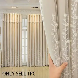 Nordic Simple Lace Embroidery Curtain Fabric, Double Layer Drapes for Bedroom Living Room, Full Light Blocking Finished Curtains