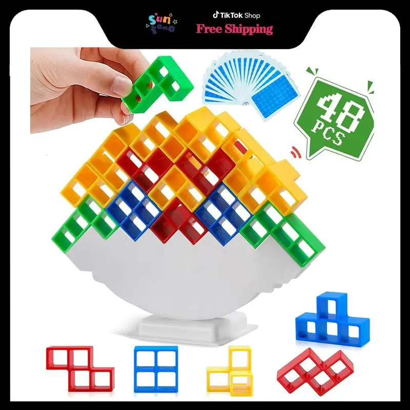 Suntomo 48Pcs Balance Stacking Game, Tetra Tower Board Game, for Kids & Adults, Family Parties, Travel, and Team Building - Holiday Gifts for Halloween Fall