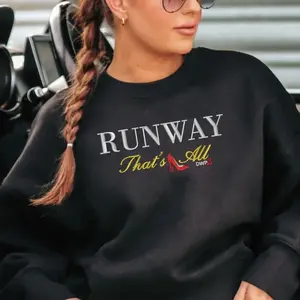 DWP2 Collection, Runway That's All embroidered Sweatshirt in Black with Red Heel Design Womenswear Crewneck Tops Long Sleeve Casual Pullover fashion movie Fashion Chic Everyday Hoodie Jeans
