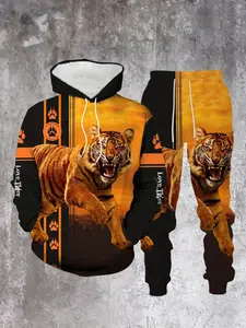 Men's Vintage Animal Print Knit Hoodie Set, Tiger Pattern Long Sleeve Fitted Tops, Fall & Winter Sporty Style Clothes, 2 Piece