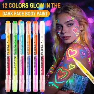6 PCS Glow Face & Body Paint Markers – Dual Tip Dual Color, 12 Glow-in-The-Dark Under UV Black Light Pens, Neon Makeup Face Painting Kits for Glow Party Favors, Easter Basket Stuffers, Washable Temporary Tattoo Markers