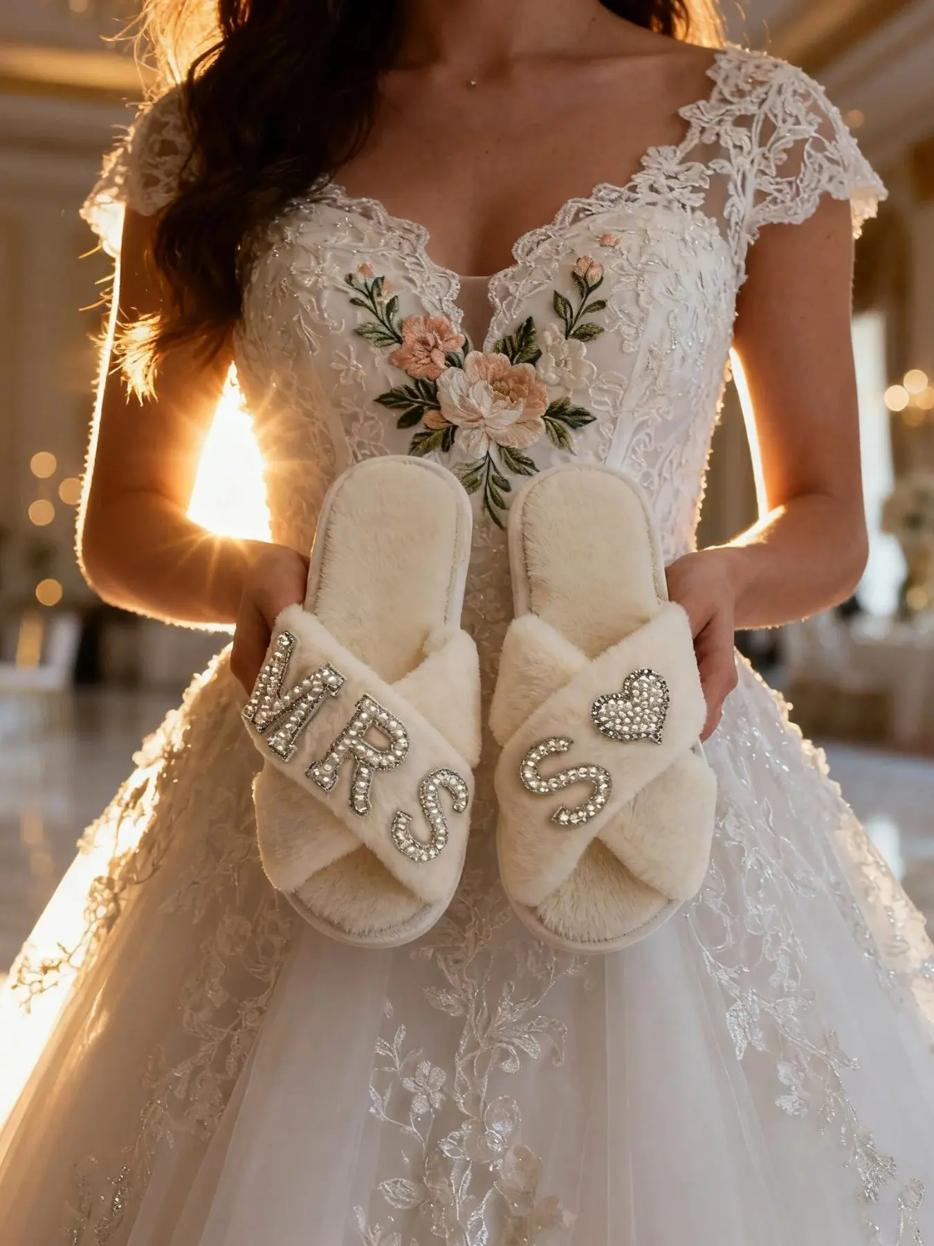 MRS. S Women's Open Toe Fuzzy Slippers, MRS Pearl Rhinestone Slippers for Bride X-Strap Plush Slippers with Pearl Rhinestone Heart Design, Customizable Letter S, Perfect Gift for Bridesmaids and Women Footwear