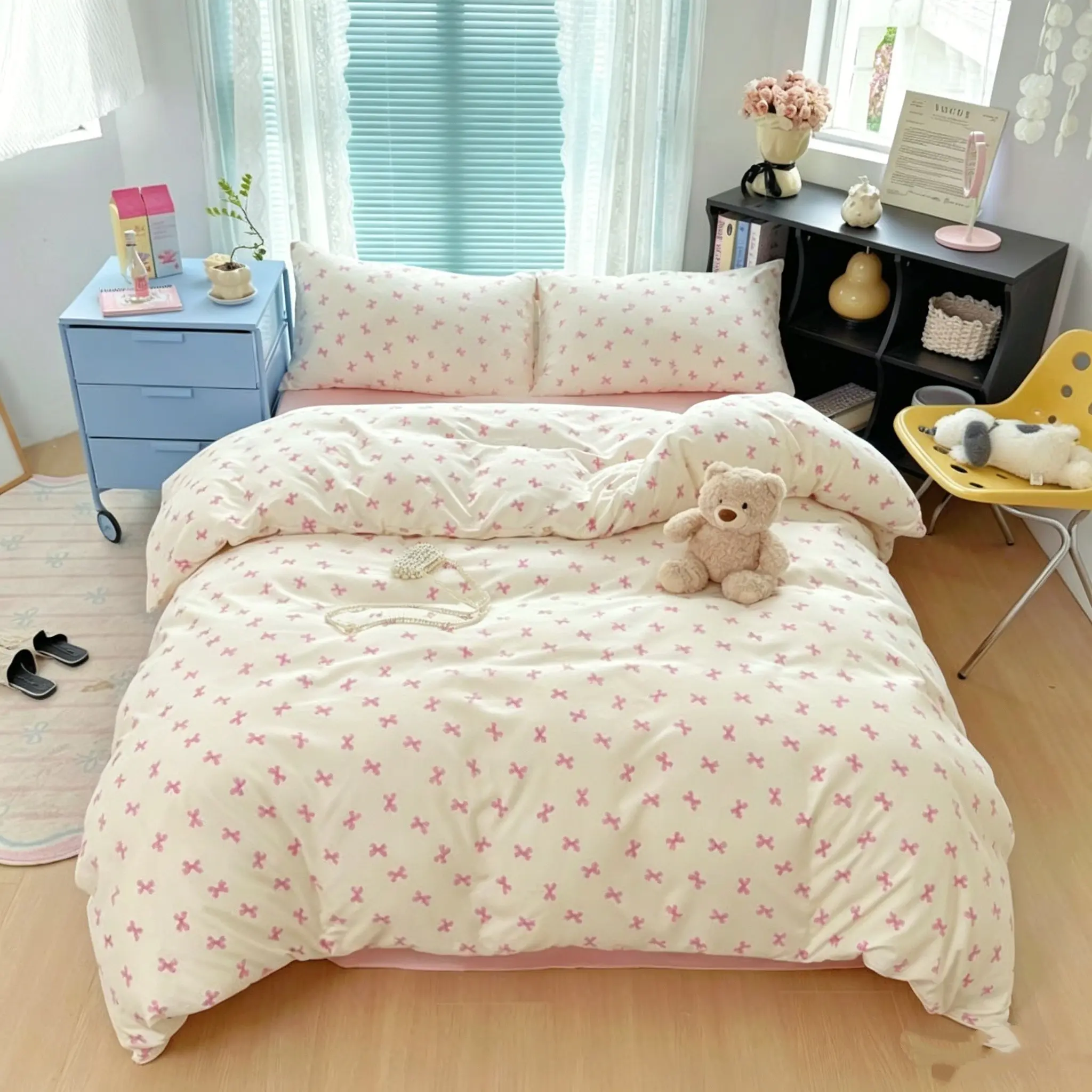 3-piece pink checkered bow tie print bedding set, Bedroom Bedding Set, Printed Bedding Set, 1pc duvet cover + 2pc pillowcases(without comforter and pillow insert), 100%polyester fabric, suitable for Single, Queen sizes and all seasons, machine washable