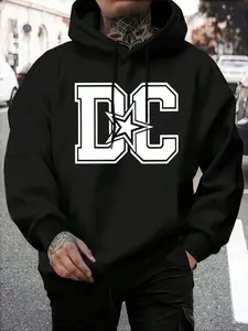 Men's Dc Letter Print Hoodie Sweatshirt, Long Sleeve Drawstring Cap, Kangaroo Pocket Casual Sportswear, Fall & Winter Top, Perfect for Daily Wear