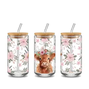 Highland Cow Pattern Cute Glass Cup with Straw & Lid, 16oz Reusable Glass Cup, Drinking Cup for Home Office Use, Perfect Gift for Coffee Lovers, Stylish Drinkware, Glass Tumbler