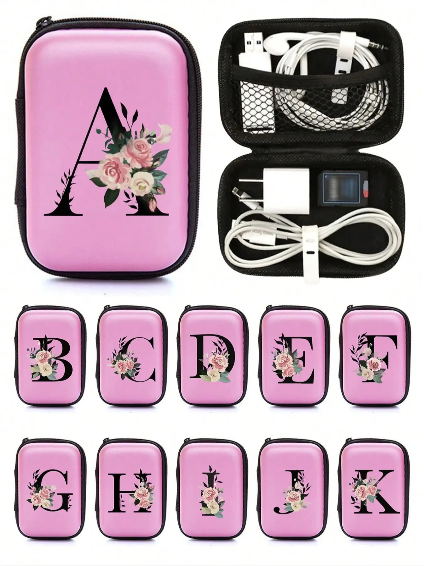 Pink EVA material A-Z lettered organizer bag, travel data cable + USB data cable storage bag, electronic product storage bag, can store data cables, chargers, earphones, etc., a travel tech accessory organizer bag, Versatile Travel Accessory