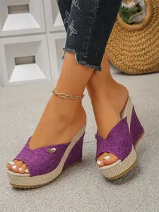 Women's New Fashion Open-Toe Wedge Slippers, Solid Color Thick Sole, Round Toe, Medium Width, Textile Upper, Rubber Sole