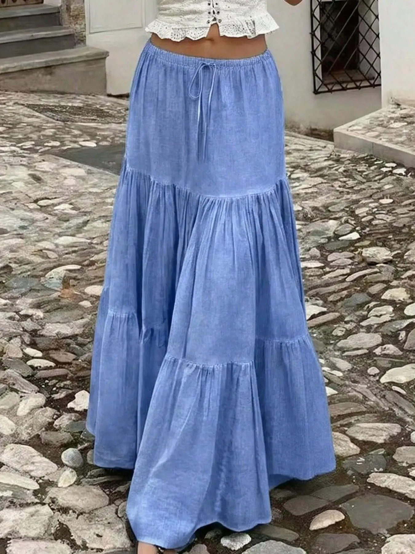 Women's French Style Loose Casual Washed Blue Cake Maxi Skirt, High Waist Drawstring Elastic Waist Flowy Long Dress, Summer Vacation Chic