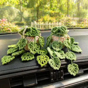 Crochet Monstera Car Hanging Plant Handmade Car Decor Cute Rearview Mirror Accessory Versatile Adorable Nature Touch for Your Vehicle