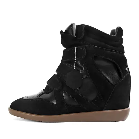 Women's Suede Wedge Sneakers - Casual Simplistic Sports Footwear with 3 Hook-and-Loop Triple Straps, 5cm Hidden Wedge Heel, Retro Lift Look, Campus & Casual Wear, Easy to Wear Shoes for Women