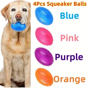 4 Pcs 4.5*3.1inch Pet Toys Holiday Gifts Football Dog Toy Puppy Chew Teeth Cleaning Colorful Tear Resistant Spike Ball Lively Interactive Toy Suitable for Pets of All Sizes and Sizes