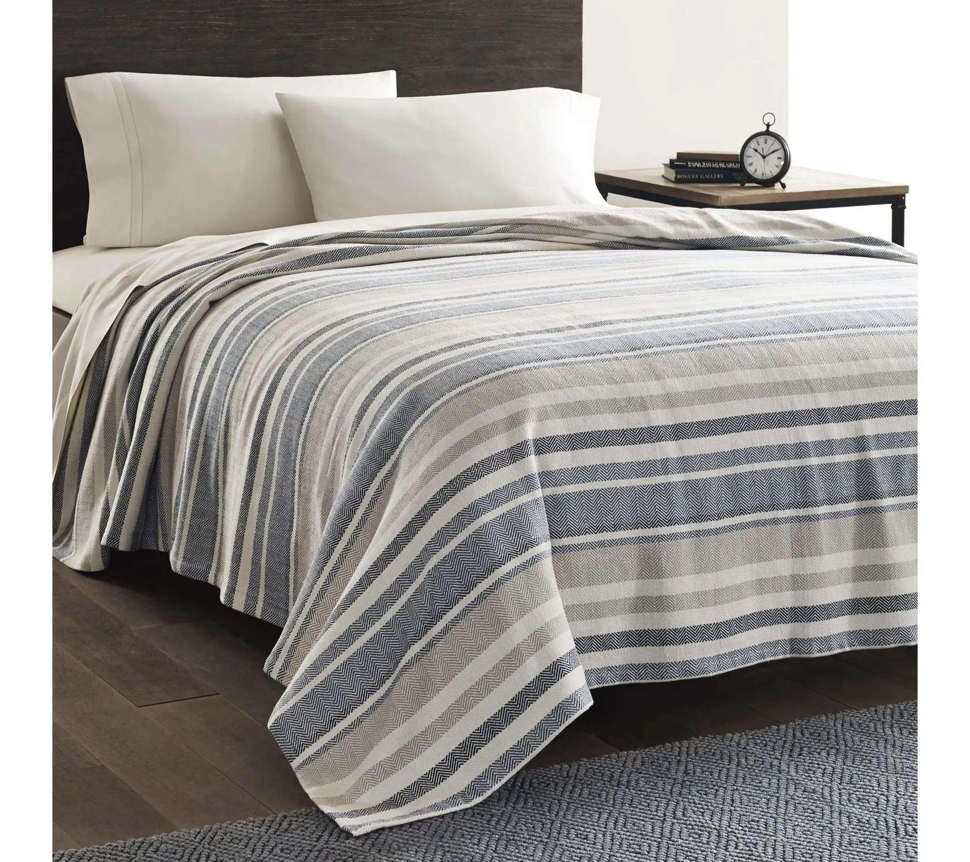 Eddie Bauer Herringbone Stripe Blue Cotton Twin Blanket