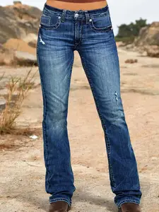 1 Piece Spring & Fall Washed Distressed Bootcut Jeans - Stretchy Slim Fit American Retro Style for Daily Outings and Vacation