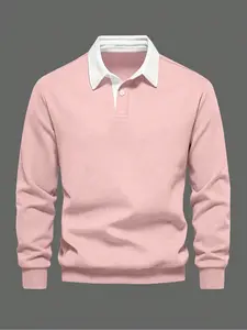 Men's Solid Color Button Front Polo Collar Sweatshirt, Regular Fit Casual Long Sleeve Pullover for Fall & Winter, Men's Clothes for Daily Wear, Menswear, Garment