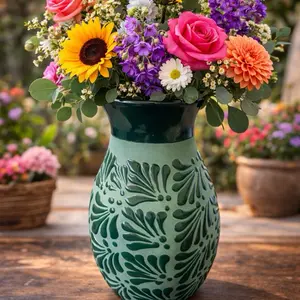 Handmade Green Flower Vase with Intricate Leaf Patterns Perfect for Home Decor and Floral Arrangements
