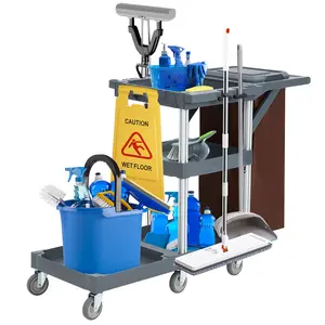 Commercial 3-Shelf Janitorial Cart with 2 Cabinets/Shelves, Commercial Traditional Wheeled Cleaning Cart with Cover and Oxford Bag, 300 Lb Capacity, Suitable for Schools, Hotels, Apartments