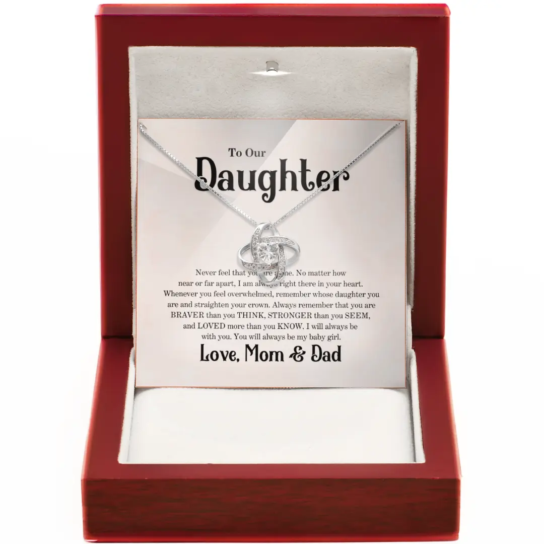 Daughter Necklace Gift from Mom and Dad - 14k Gold Love Knot Pendant with Heartfelt Message Card Perfect for Graduation or Special Days