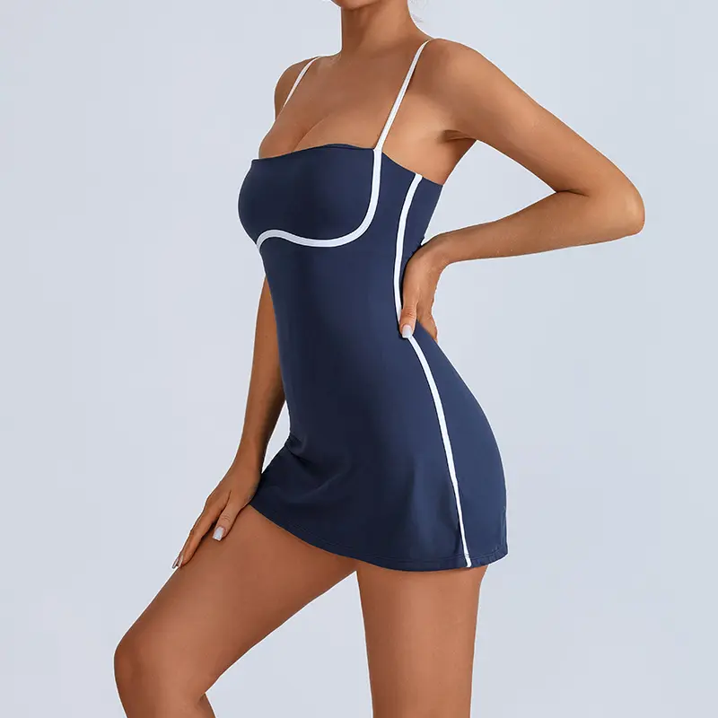 Women's Fitted Sleeveless Classic Square Neck Sports Dress - Built-in Removable Bra, Inner Shorts with Pockets for Tennis, Golf