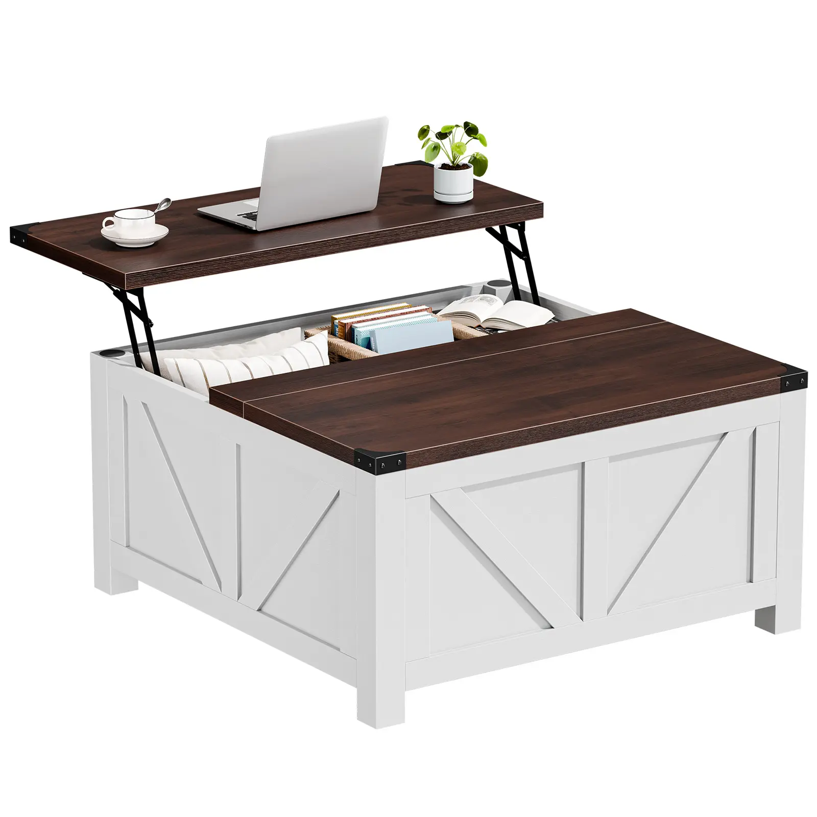 Farmhouse Lift Top Coffee Table with Charging Station and Storage,Square Wood Table with USB/Type-C & AC Outlets, Hidden Storage for Living Room Home Office