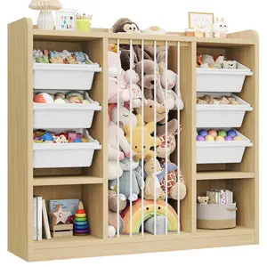 ONBRILL Toy Storage Organizer with 6 Removable Plastic Bins, Toddler Stuffed Animal Storage, Toy Box Cabinet with 2 Open Cubbies, Book Shelf for Kids Room Playroom Bedroom Nursery