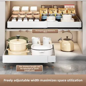 Minimalist Adjustable Carbon Steel Pull-Out Cabinet Organizer, Expandable Rectangular Multi-Layered Rack, 30+ lbs Capacity, Smooth Slides, Fits Pots, Lids, Spice Jars, Flower & Fruit Storage, Suitable for Under Sink & Shelves