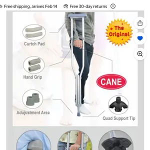 CANE Crutch Combination with Adjustment Area, Curtain Pad, Hand Grip & Quad Support Tip for Enhanced Support and Comfort