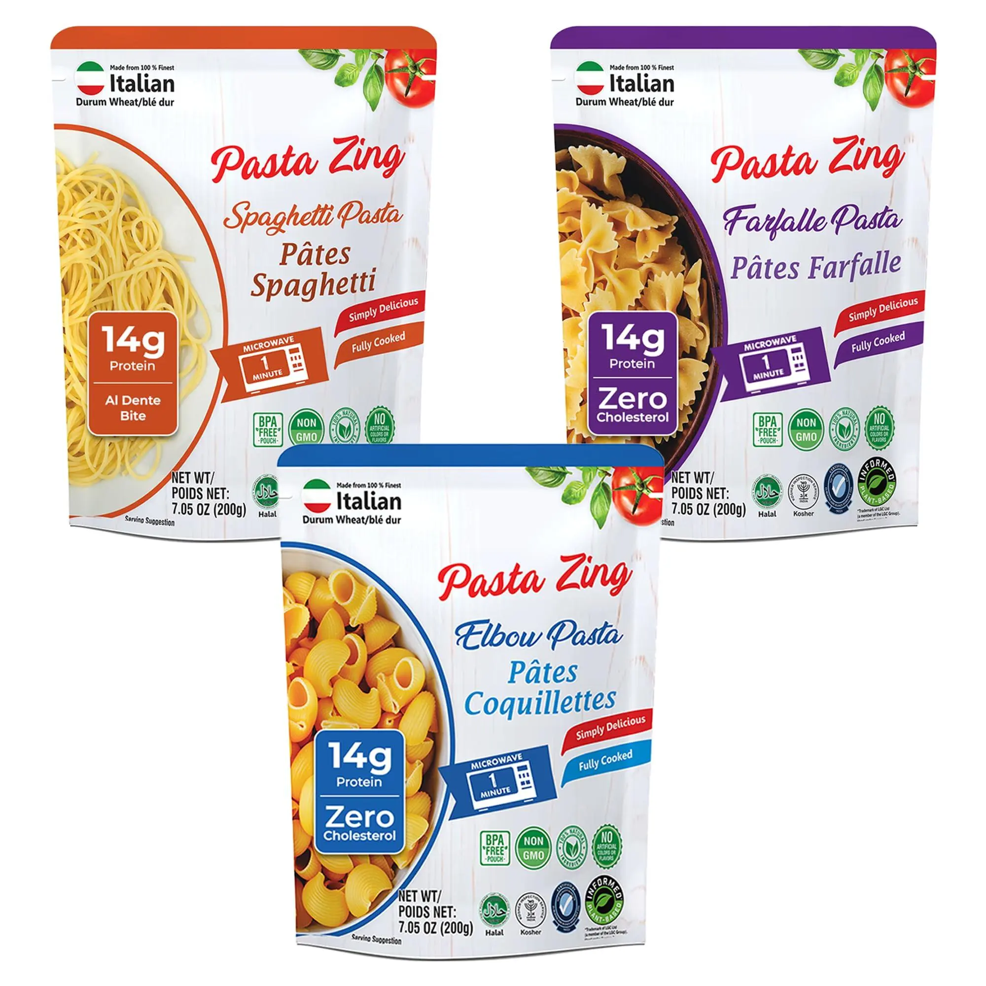 Pasta Zing Variety Pack, Fully Cooked Italian Pasta, Ready in 1 Minute, 14g Protein, Al Dente Bite, 3x Spaghetti 2x Farfalle 2x Elbow, BPA-Free Pouch, 7 Pack 7.05 oz