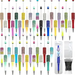 70pcs(10 Pens+50 Refills+10 Pen Bags)Multicolor Petal Glitter Beadable 50 Pen Refills 10 Pen Bags Ballpoint Pens Retractable Diamond Bead Pen Plastic Bling Pens Cool Shaft Beaded Pen Black Ink For Making Party OfficeParty Office