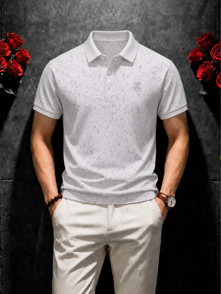 Men’s Short-Sleeve Fitted Abstract Pattern Polka Dot Polo Shirt, Smart Casual Men’s Clothing, Golf-Ready Casual Polo Shirt Summer Top