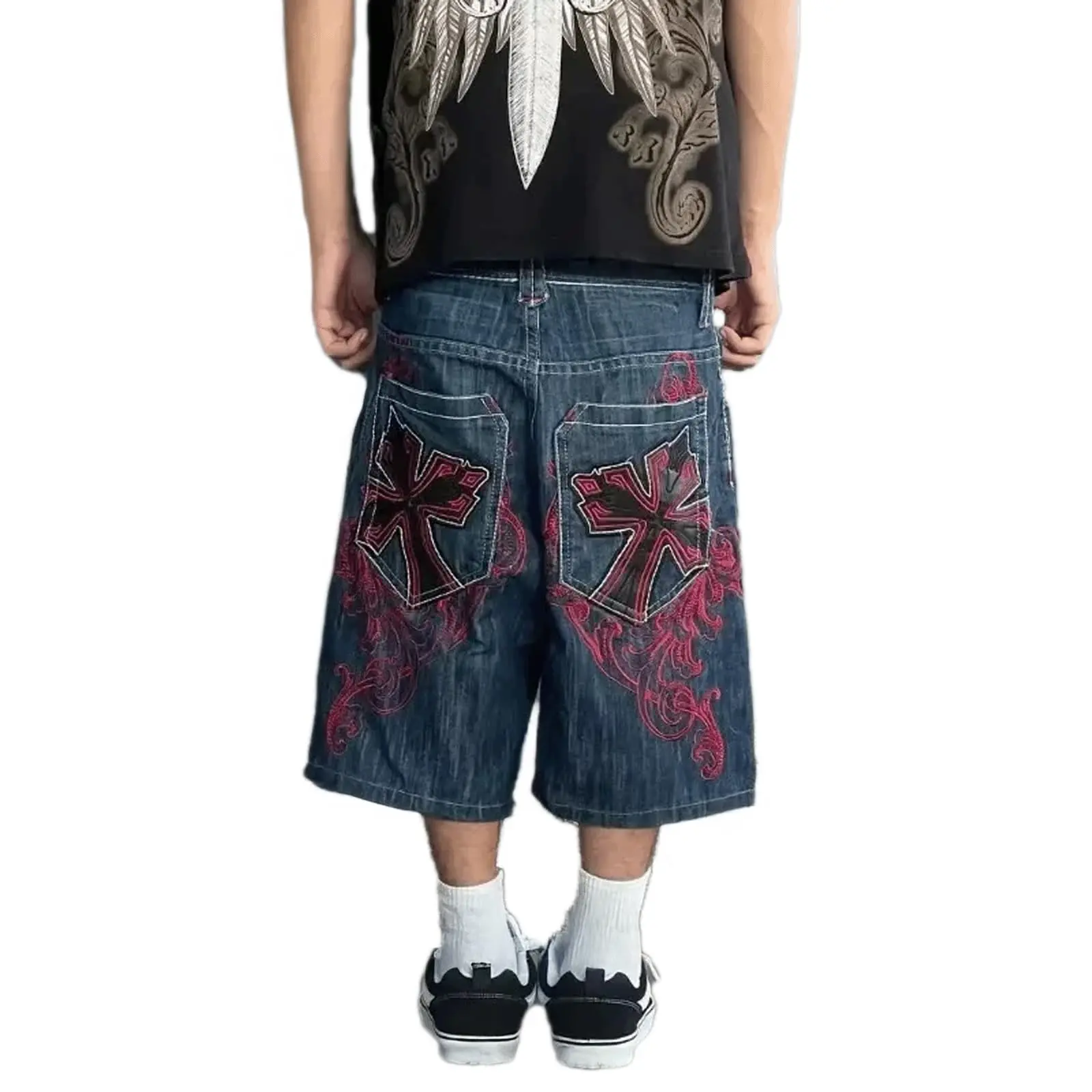 Unisex Baggy Mid-Length Vintage Blue Denim Jorts, Dual Back Pocket Two-Tone Cross Patch Embroidery, Side Pink Floral Scroll Embroidery, Retro Gothic Y2K Hip Hop Streetwear Relax Fit Denim Shorts for Men Women