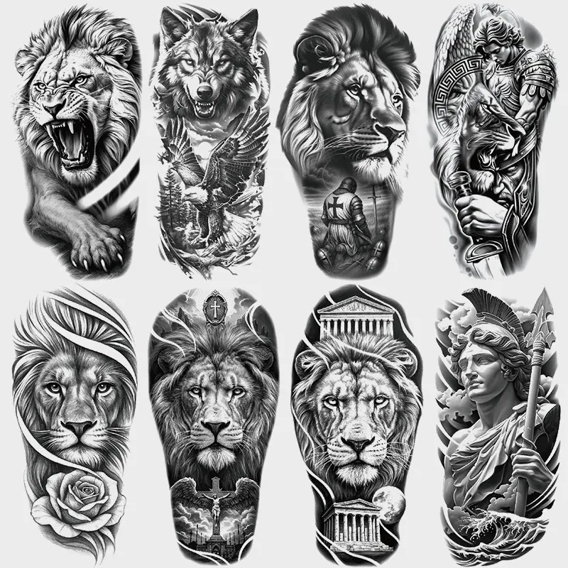 8 Animal Tribal Temporary Tattoo Stickers, Waterproof Arm Sleeve Tattoos Jesus Lion Eagle Wolf Warrior Fake Tattoos, Ephemeral Tattoos, Suitable for Arms Thighs Legs, Adult Men Women Party Festivals