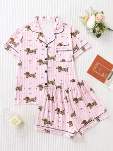 Women's Striped Leopard Dog Full-Print Sleepwear Set, Premium Silk Satin Fabric, Comfortable Loose Fit, Short Sleeve Top and Shorts, Pajama Set, Loungewear, Pyjamas, Pjs, Leopard Print Pajamas