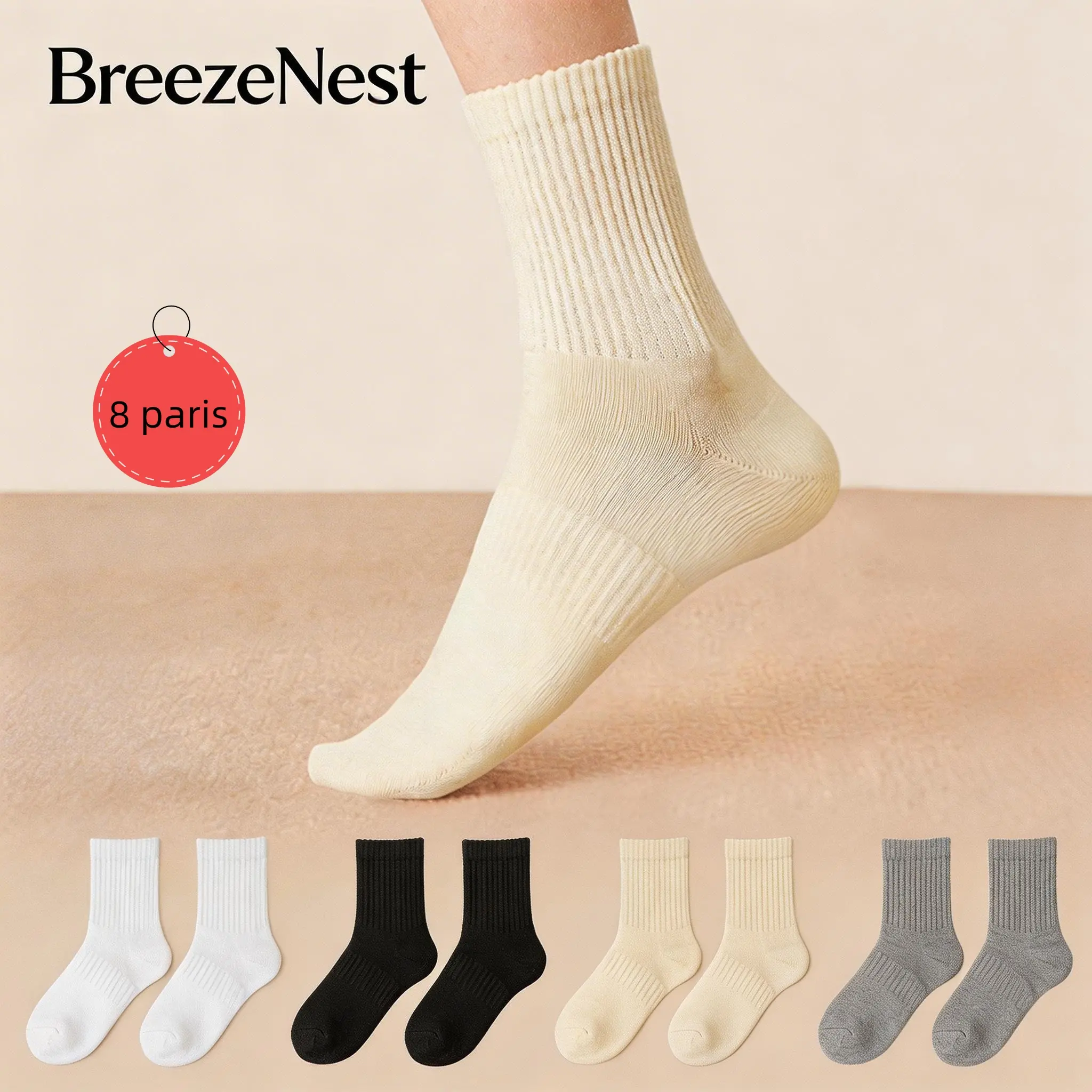 Women's cotton crew socks, spring and autumn style, seamless, antibacterial and odor-resistant, black and white, thin summer sports knee-high socks.(8pairs)