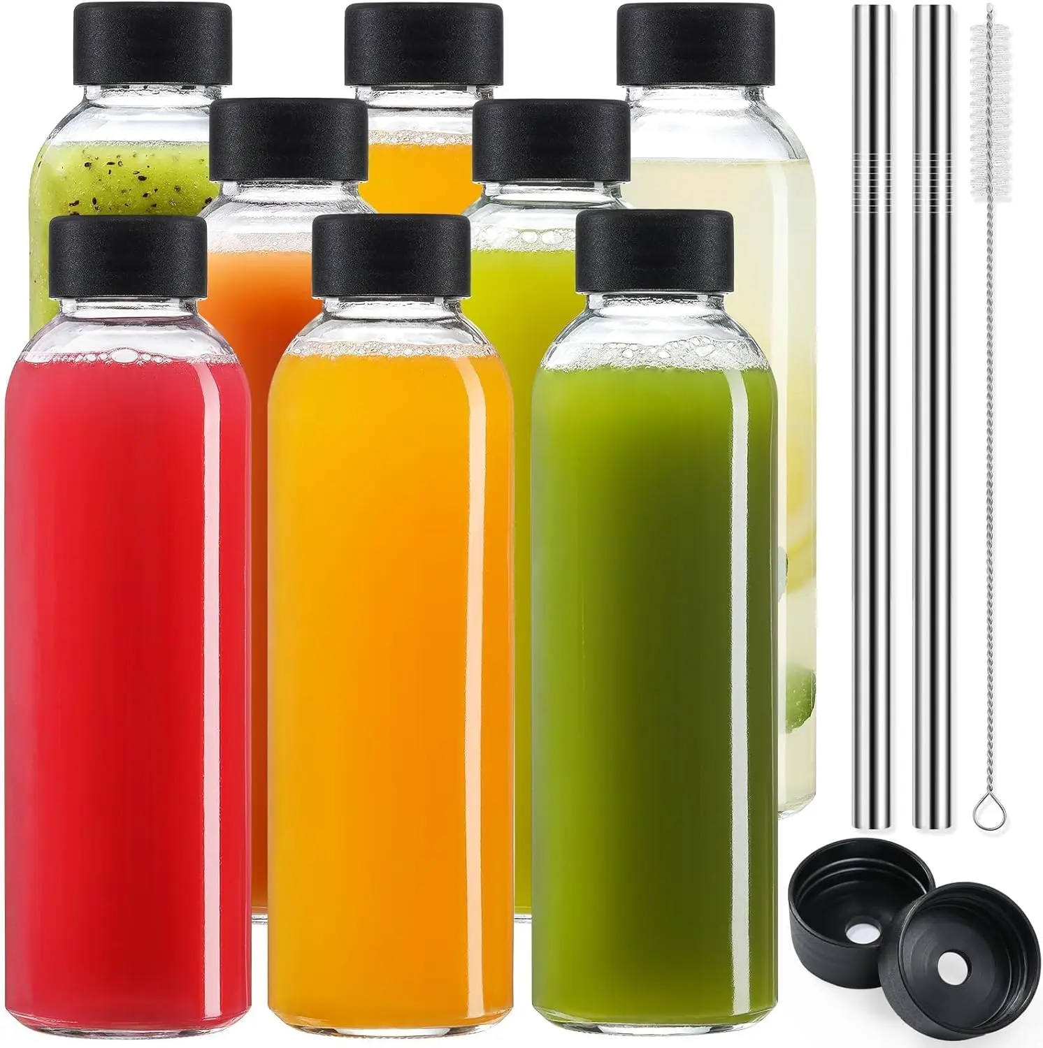 Portable Thick Crystal Glass Water Bottle Set - 8-Pack Wide Mouth 18 oz Transparent Freezeable BPA-Free Airtight Leakproof Reusable Coffee Bottle-Shaped Drinkware, 8 Silicone Lids, 2 Steel Straw-Hole Lids, 2 Washable Plastic Straws, for Juicing, Thick Gla