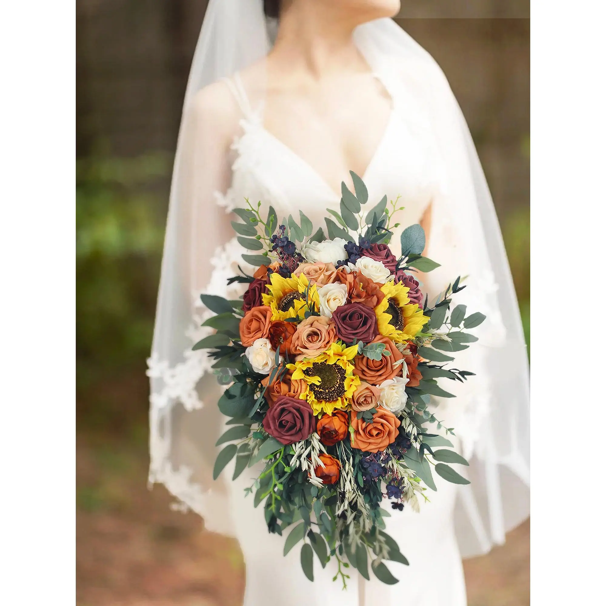 Rinlong Elegant 13-in Wide Natural Terracotta Mix Cascading Bridal Bouquet - 13" W x 17.7" L, Silk Sunflowers, Peach Peonies, Grey Green Silk Eucalyptus, Burnt Orange Roses, Dried Oat Stems, Bohemian Wedding Decor, Home Ornament (1 Piece)
