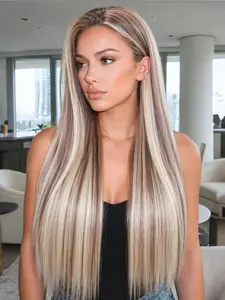 28" Long Straight Brown Ombre Lace Front Wig with Blonde Highlights 13x4 HD Lace Synthetic Hair Dark Roots Pre-Plucked Natural Hairline Heat Resistant Free Part for Daily & Party Natural Looking Wig Ombre Wigs