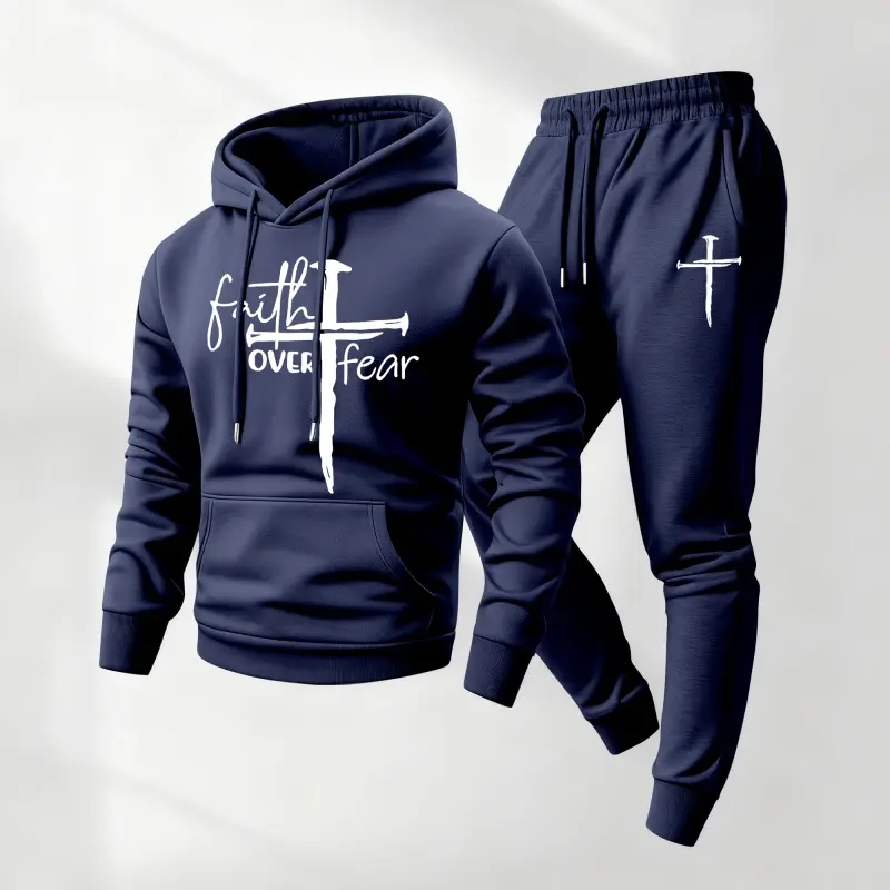 Men's Loose-Fitting Faith & Cross Print 2-Piece Hoodie & Drawstring Sweatpants Set, Casual Athletic Long-Sleeve Hooded Jacket & Trousers for Autumn & Winter, Daily Wear, Indoor-Outdoor Athleisure Menswear
