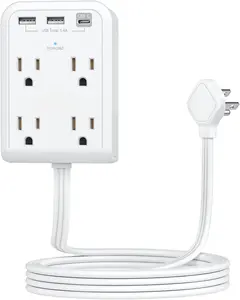 Flat Electrical Outlet Extender with USB C Ports, 4 Outlet 3 USB Wall Plug, 6 ft Thin Extension Cord, Flat Plug Power Strip Surge Protector for Home, Office. White